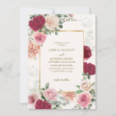 Watercolor Blush Pink & Marsala  Floral Wedding 招待状 (正面)