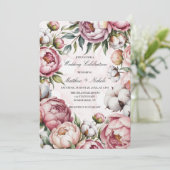 Watercolor Blush Pink Peony and Cotton Wedding  招待状 (スタンド正面)
