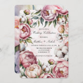 Watercolor Blush Pink Peony and Cotton Wedding  招待状 (正面/裏面)