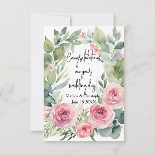 Watercolor Blush Pink Rose & Eucalyptus Wedding カード (正面)