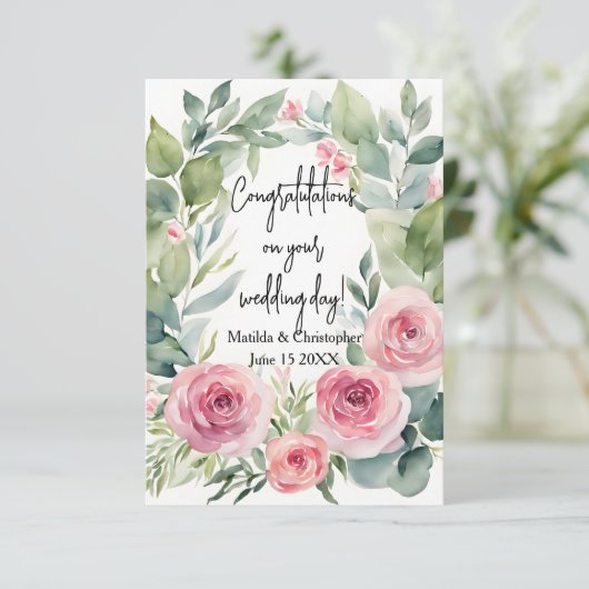 Watercolor Blush Pink Rose & Eucalyptus Wedding カード (スタンド正面)