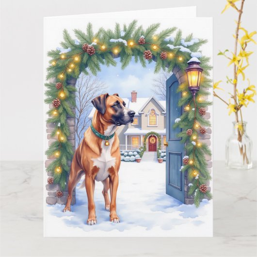 Watercolor Boerboel Farmhouse Gate Christmas カード (黄色い花)
