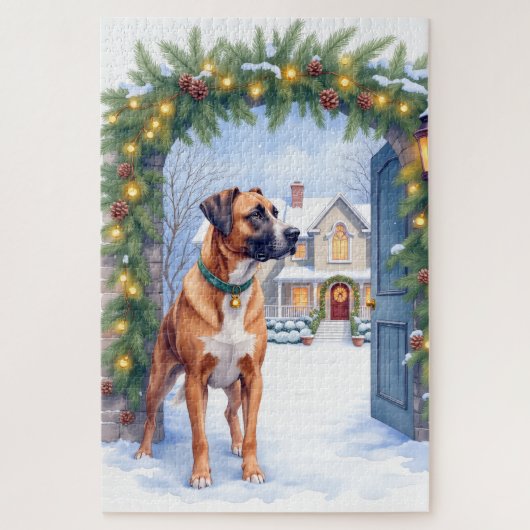 Watercolor Boerboel Farmhouse Gate Christmas ジグソーパズル (縦)