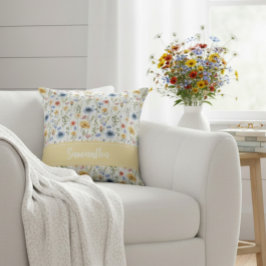 Watercolor Boho Blue Yellow Pink Wildflower クッション