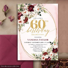 Watercolor Boho Blush Burgundy 60th Birthday Card 招待状
