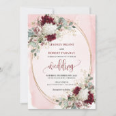 Watercolor Boho Burgundy Floral Wedding Invitation 招待状 (正面)