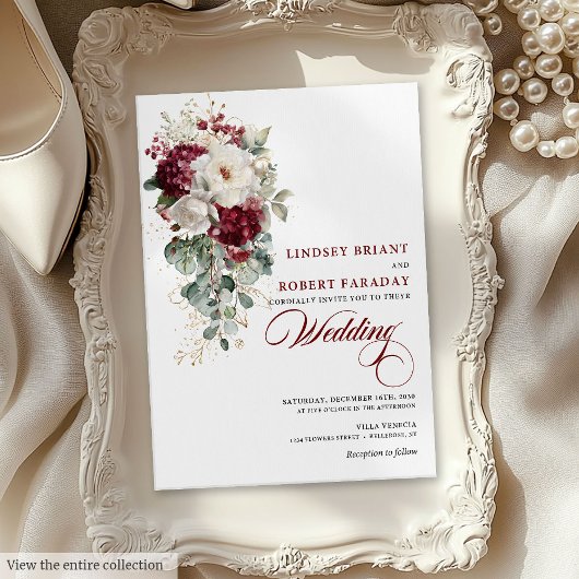 Watercolor Boho Burgundy White Wedding Invitation 招待状
