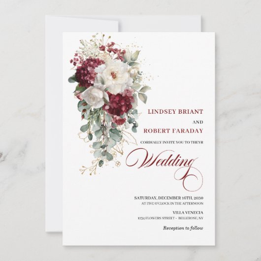 Watercolor Boho Burgundy White Wedding Invitation 招待状 (正面)