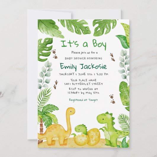 Watercolor Boho Dinosaur Greenery Boy Baby Shower  招待状 (正面)