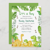 Watercolor Boho Dinosaur Greenery Boy Baby Shower  招待状 (正面/裏面)