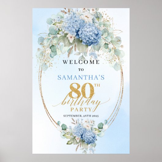Watercolor Boho Hydrangea Design 80th birthday   ポスター (正面)