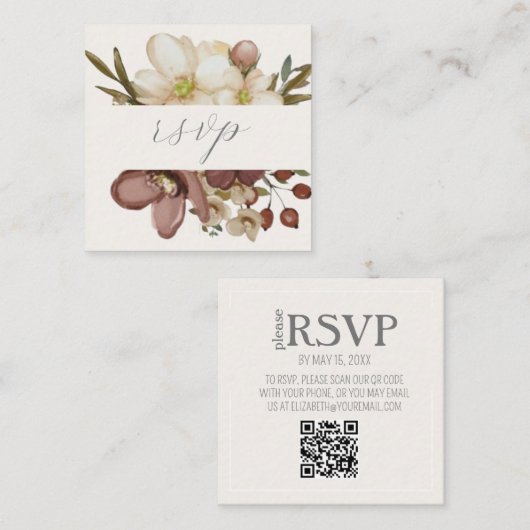 Watercolor Boho Neutral Wedding QR Code RSVP Card エンクロージャーカード (正面/裏面)