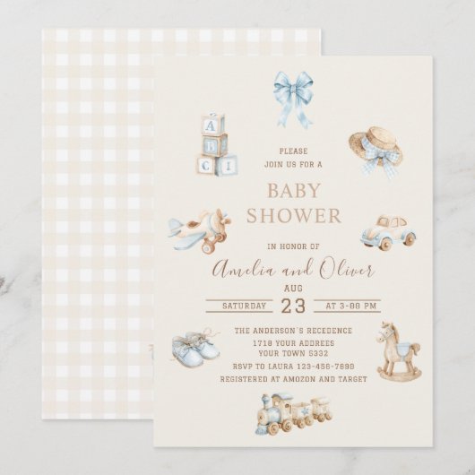 Watercolor Boho Nursery boy  baby shower 招待状 (正面/裏面)