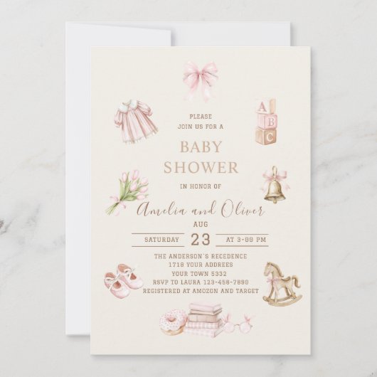 Watercolor Boho Nursery girl  baby shower 招待状 (正面)