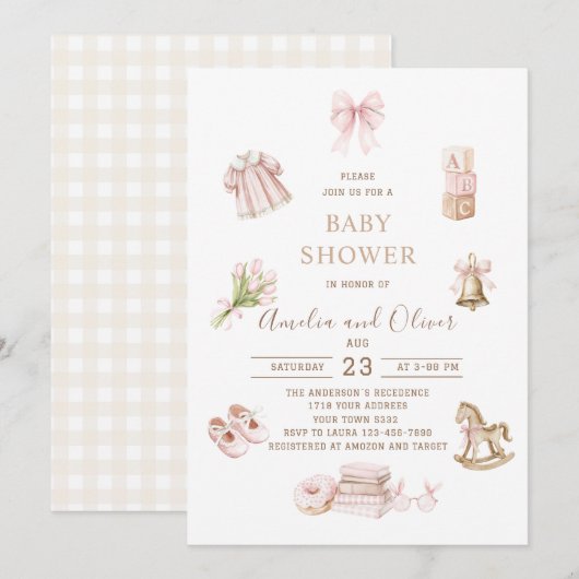 Watercolor Boho Nursery girl  baby shower 招待状 (正面/裏面)