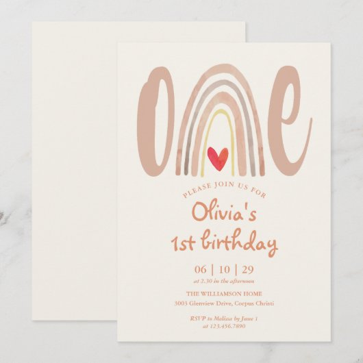 Watercolor Boho Rainbow Heart 1st Birthday 招待状 (正面/裏面)