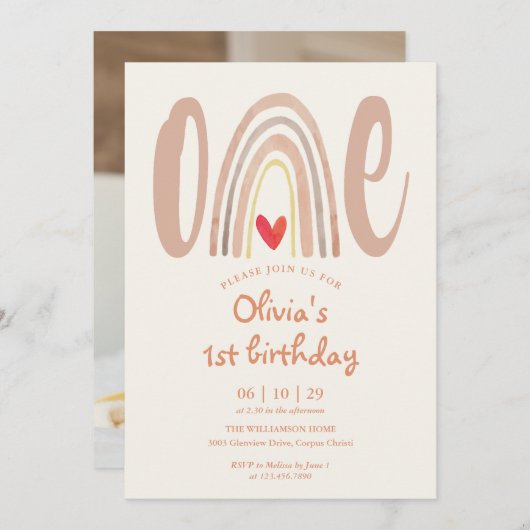 Watercolor Boho Rainbow Heart Photo 1st Birthday 招待状 (正面/裏面)