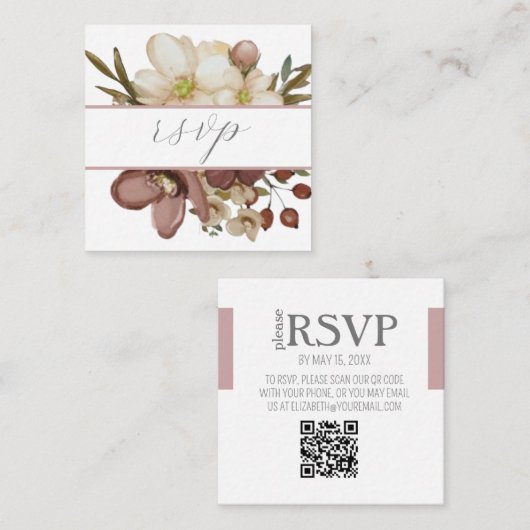 Watercolor Boho Rose & Neutral QR Code RSVP Card エンクロージャーカード (正面/裏面)
