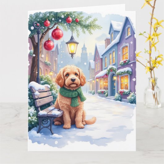 Watercolor Bolognese Festive Town Bench Christmas  カード (黄色い花)