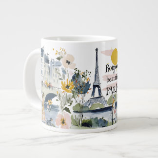 Watercolor Bonjour Beautiful Paris ジャンボコーヒーマグカップ
