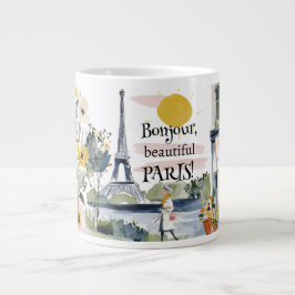Watercolor Bonjour Beautiful Paris ジャンボコーヒーマグカップ