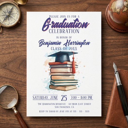 Watercolor Books and Cap Graduation Celebration 招待状