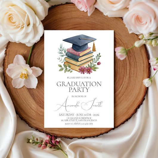 Watercolor Books & Cap Graduation Invite 招待状