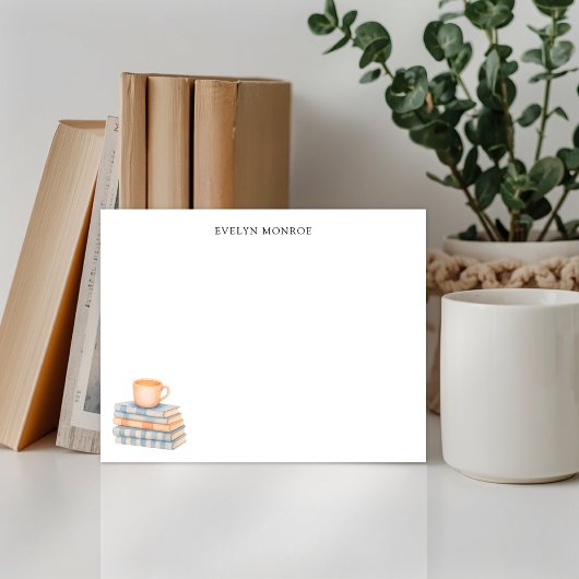 Watercolor Bookstack and Coffee Mug Personalized ノートカード