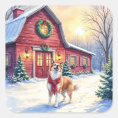 Watercolor Border Collie Country Barn Christmas スクエアシール (正面)