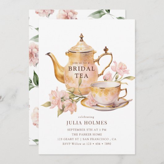 Watercolor  Botanical Bridal Tea Shower 招待状 (正面/裏面)