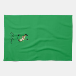 Watercolor botanical green initial monogram キッチンタオル