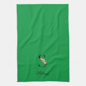 Watercolor botanical green initial monogram キッチンタオル (縦)