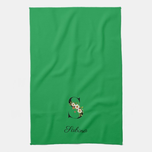 Watercolor botanical green initial monogram キッチンタオル (縦)