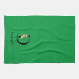 Watercolor botanical green initial monogram キッチンタオル