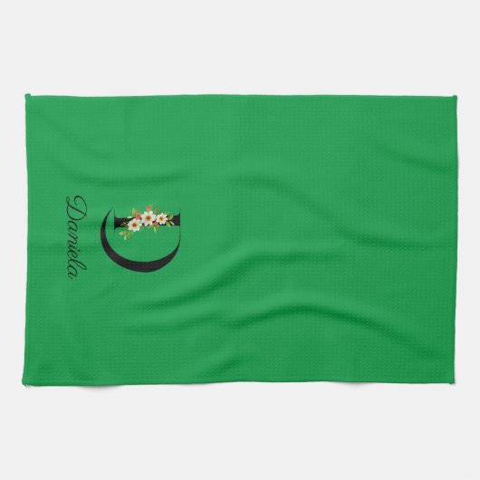 Watercolor botanical green initial monogram キッチンタオル (横)