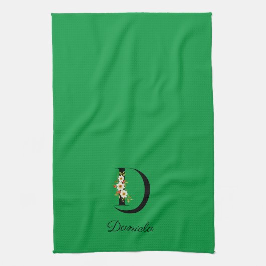 Watercolor botanical green initial monogram キッチンタオル (縦)