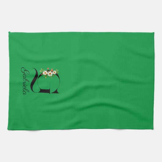 Watercolor botanical green initial monogram キッチンタオル (横)