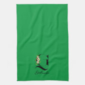 Watercolor botanical green initial monogram キッチンタオル (縦)