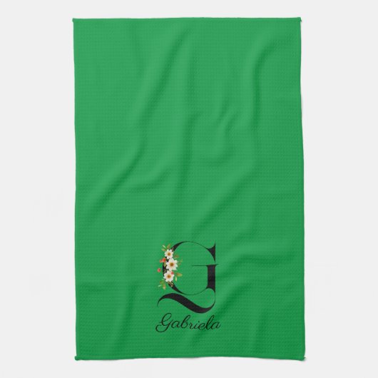Watercolor botanical green initial monogram キッチンタオル (縦)