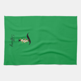 Watercolor botanical green initial monogram キッチンタオル