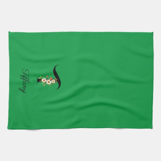 Watercolor botanical green initial monogram キッチンタオル (横)