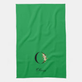 Watercolor botanical green initial monogram キッチンタオル (縦)