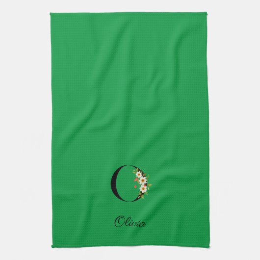 Watercolor botanical green initial monogram キッチンタオル (縦)