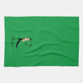 Watercolor botanical green initial monogram キッチンタオル