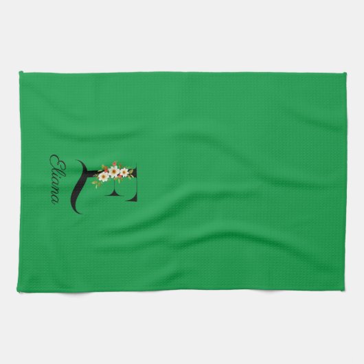 Watercolor botanical green initial monogram キッチンタオル (横)