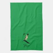 Watercolor botanical green initial monogram キッチンタオル (縦)