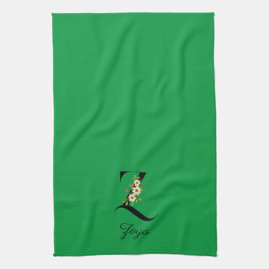 Watercolor botanical green initial monogram キッチンタオル (縦)