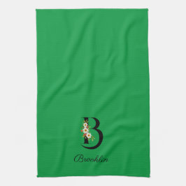 Watercolor botanical green initial monogram キッチンタオル