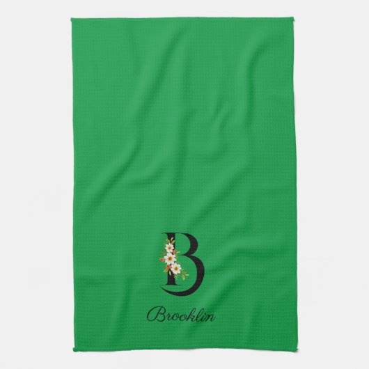 Watercolor botanical green initial monogram キッチンタオル (縦)
