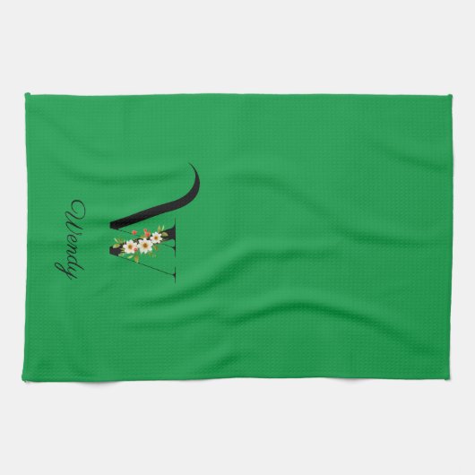 Watercolor botanical green initial monogram キッチンタオル (横)